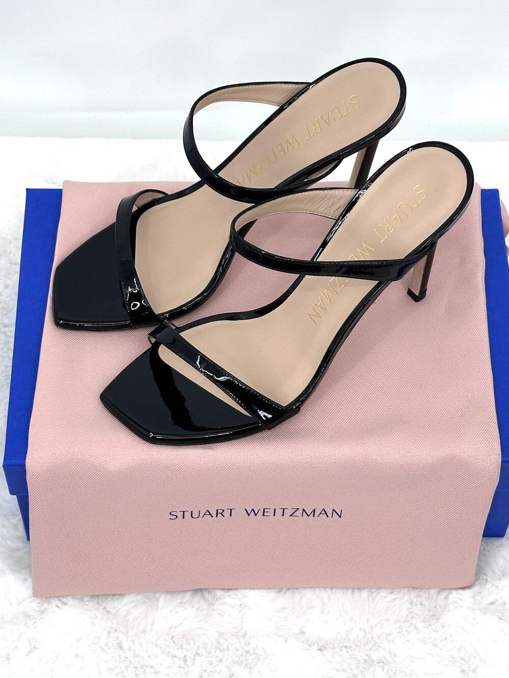 Stuart Weitzman Aleena 100 Black Patent Mule Sandals Square Toe 8 w/ Box